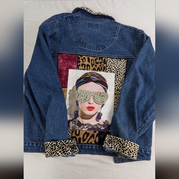 Bohemian Custom Made Jean Jacket Featuring Girl with Beaded Sunglasses Medium - Picture 4 of 10